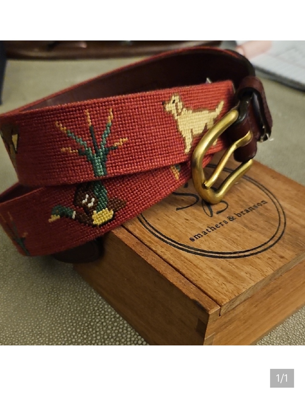 Smathers & Branson Mens Golf Needlepoint Belt Leather Size 38 Duck Dog Hunting